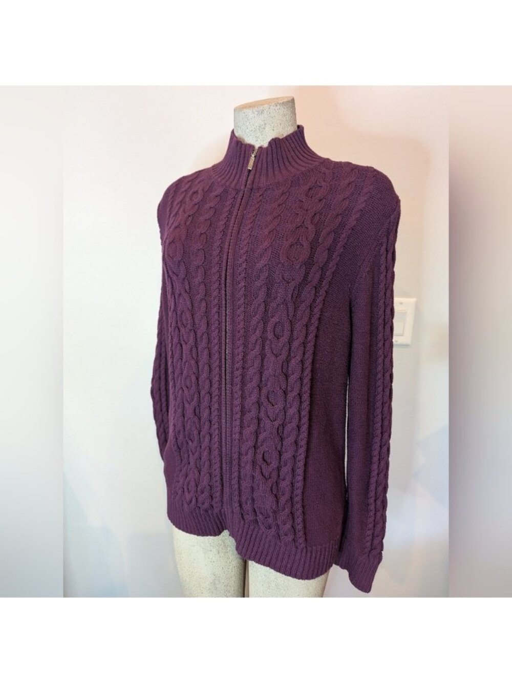 L.L. Bean Purple Sweater 100 Percent cotton cable Knit Zip-Up Sweater Size L